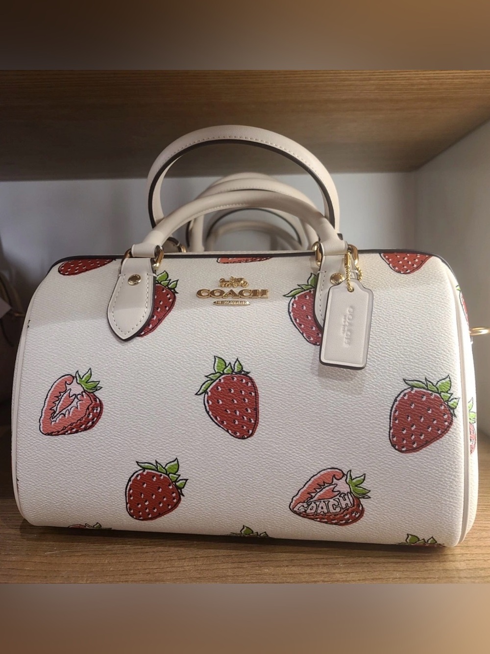 Coach Strawberry Print Leather Satchel - White/Red